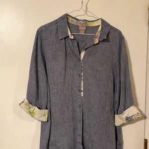 Chico's Linen Blue Button-Down Shirt with Floral Trim